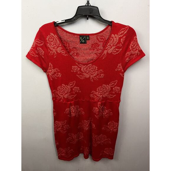 T/O Sweater Dress Womens Medium Metallic Red‎ Gold Floral Drop Waist Knit - Picture 1 of 9